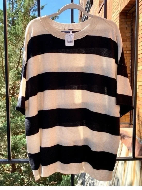 NWT Free People Harlow Cashmere Sweater Tee Black White Striped - Picture 2 of 11